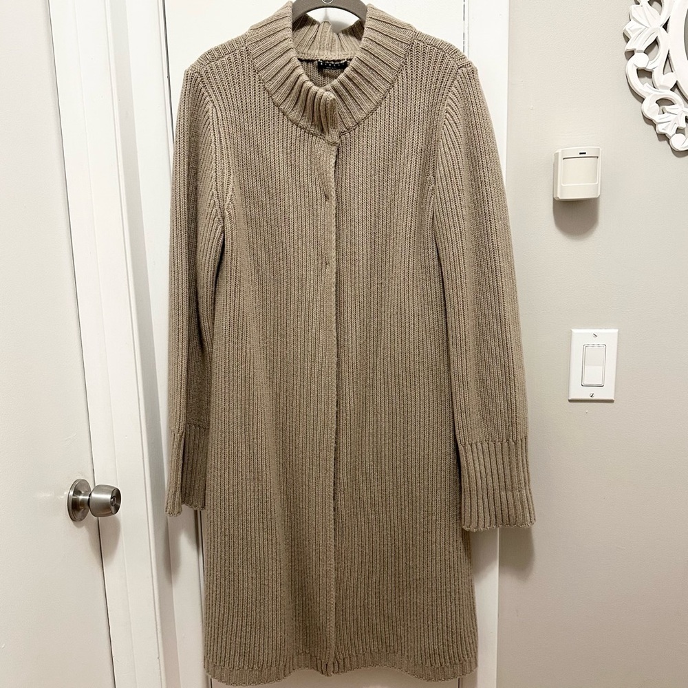 Sisley Cardigan Sweater Duster Women’s L 100% Wool Beige Tan Ribbed Knit Italy